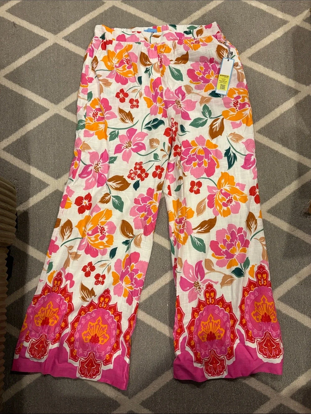 Draper James Cream Wide-Leg Pants with Pink, Orange & Green Floral Print